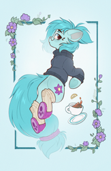 Size: 1341x2057 | Tagged: safe, artist:rexyseven, oc, oc only, oc:whispy slippers, earth pony, pony, clothes, cup, earth pony oc, female, glasses, mare, slippers, socks, solo, sweater, teacup