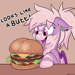 Size: 4133x4133 | Tagged: safe, artist:whyvernad, oc, oc only, oc:midnight flight, bat pony, pony, bat pony oc, burger, butt, ear piercing, earring, fangs, food, innuendo, jewelry, kitchen eyes, open mouth, open smile, piercing, simple background, slit pupils, smiling, solo, tongue piercing