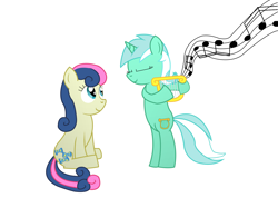 Size: 2440x1825 | Tagged: safe, artist:starshinesprint, bon bon, lyra heartstrings, sweetie drops, earth pony, unicorn, g4, bipedal, horn, lyre, music, music notes, musical instrument, simple background, white background
