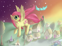 Size: 1600x1200 | Tagged: safe, artist:squid-cult, fluttershy, bird, pegasus, g4, flying, river, stars, tree, water