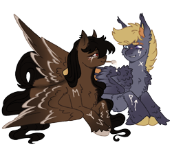 Size: 1106x961 | Tagged: safe, artist:kazmuun, momenta typhoon, stormfeather, bat pony, pegasus, pony, body writing, chest fluff, commission, cute, duo, duo male and female, ear fluff, ear piercing, earring, eyeshadow, fangs, female, grin, heterochromia, jewelry, leg fluff, looking at each other, looking at someone, lying down, makeup, male, mare, mouth hold, paint, painting, piercing, prone, redesign, runes, sailor moon (series), sailor pluto, ship:stormenta, simple background, smiling, species swap, stallion, straight, tattoo, transparent background, unshorn fetlocks