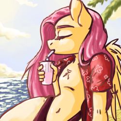 Size: 2048x2048 | Tagged: safe, artist:ritork, fluttershy, pegasus, anthro, g4, alcohol, beach, belly button, breasts, cocktail, drink, featureless breasts, female, ocean, palm tree, sand, solo, straw, tree, water