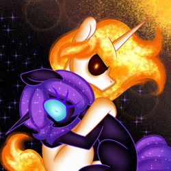 Size: 1280x1280 | Tagged: oc name needed, safe, artist:ladylullabystar, oc, oc only, oc:lady lullaby star, pony, unicorn, blue sclera, dark sclera, duo, duo male and female, female, fiery hair, fiery mane, fiery tail, glare, horn, hug, looking at you, male, mare, not daybreaker, not dyx, not helia, not hemera, not nightmare moon, not nyx, purple eyelashes, shrunken pupils, sparkly mane, sparkly tail, stallion, tail, wingless
