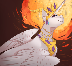 Size: 2551x2350 | Tagged: safe, artist:pixelberrry, nightmare star, alicorn, pony, g4, crown, ear fluff, female, fire, horns, jewelry, mane of fire, mare, regalia, solo, wing fluff, wings