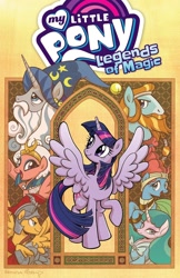 Size: 972x1500 | Tagged: safe, artist:brendahickey, idw, flash magnus, meadowbrook, mistmane, rockhoof, somnambula, star swirl the bearded, twilight sparkle, alicorn, earth pony, pegasus, pony, unicorn, g4, legends of magic, official, spoiler:comic, spoiler:comiclom1, amazon.com, armor, beard, beautiful, book, cover, curved horn, cute, english, facial hair, female, glare, horn, lidded eyes, looking back, male, mare, meadowcute, merchandise, my little pony logo, open mouth, open smile, pillars of equestria, raised hoof, smiling, smirk, somnambetes, spread wings, stallion, text, twilight sparkle (alicorn), wings
