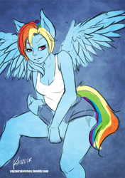 Size: 761x1080 | Tagged: safe, artist:rayzor-sharp, rainbow dash, pegasus, anthro, g4, blue background, signature, simple background