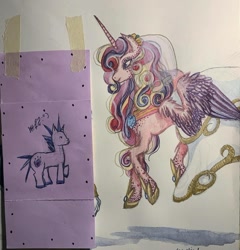 Size: 1080x1125 | Tagged: safe, artist:justafairy13, princess cadance, shining armor, alicorn, unicorn, g4, clothes, concave belly, dress, height difference, horn, meme, physique difference, slender, the bride and the ugly ass groom, thin, traditional art