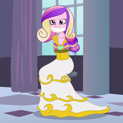 Size: 2000x2000 | Tagged: safe, artist:nie-martw-sie-o-mnie, dean cadance, princess cadance, queen chrysalis, human, a canterlot wedding, equestria girls, g4, bondage, bound and gagged, bride, cloth gag, clothes, damsel in distress, disguise, disguised changeling, dress, gag, gown, kidnapped, long dress, long skirt, rope, rope bondage, sitting, skirt, stool, tied up, wedding dress