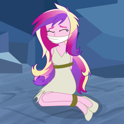 Size: 2000x2000 | Tagged: safe, artist:nie-martw-sie-o-mnie, princess cadance, human, a canterlot wedding, equestria girls, g4, bondage, bound and gagged, cave, cloth gag, clothes, eyes closed, gag, high heels, kneeling, rope, rope bondage, shoes, tied up, torn clothes