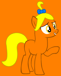 Size: 767x954 | Tagged: safe, artist:spitfirethepegasusfan39, artist:vectobases, earth pony, pony, g4, adult blank flank, base used, blank flank, bow, clothes, curious, female, hair bow, hoof pointing, little miss, little miss curious, mare, mr. men, mr. men little miss, orange background, ponified, simple background, smiling, solo, talking