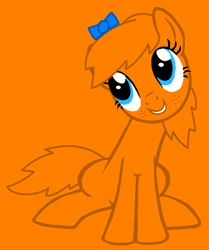 Size: 602x721 | Tagged: safe, artist:oshiaki, artist:spitfirethepegasusfan39, earth pony, pony, g4, adult blank flank, base used, blank flank, blue eyes, bow, cheerful, clothes, excited, female, freckles, fun, hair bow, happy, little miss, little miss fun, mare, mr. men, mr. men little miss, orange background, orange face, orange fur, orange mane, orange pony, orange tail, ponified, simple background, sitting, smiling, solo, tail, talking