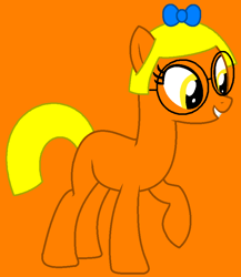 Size: 745x860 | Tagged: safe, artist:skele-sans, artist:spitfirethepegasusfan39, earth pony, pony, g4, adult blank flank, base used, blank flank, bow, clothes, contrary, female, glasses, hair bow, little miss, little miss contrary, mare, mr. men, mr. men little miss, orange background, ponified, raised hoof, raised leg, simple background, smiling, solo, talking