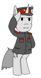 Size: 859x1627 | Tagged: artist needed, safe, oc, oc only, unicorn, g4, bipedal, clothes, crossover, horn, papers please, salute, simple background, solo, standing, transparent background, unicorn oc, uniform