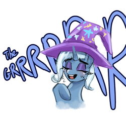 Size: 1082x992 | Tagged: safe, artist:chiefywiffy, trixie, pony, unicorn, g4, blushing, clothes, dialogue, eyes closed, female, hat, horn, mare, simple background, solo, trixie's hat, white background
