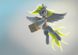 Size: 2538x1794 | Tagged: safe, artist:odooee, derpy hooves, pegasus, pony, g4, cute, derpabetes, female, flying, high res, mailmare, mailmare uniform, mare, package, solo, underp