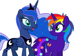 Size: 1765x1338 | Tagged: safe, artist:star-armour95, princess luna, oc, oc:rainbow flower, alicorn, pony, unicorn, g4, concave belly, duo, female, folded wings, height difference, horn, physique difference, simple background, slender, thin, transparent background, wings