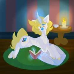 Size: 3000x3000 | Tagged: safe, artist:laughingfranki, oc, oc only, art, book, candle, clown, cup, curved horn, horn, magic, slender, solo, sternocleidomastoid, teacup, telekinesis, thin