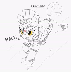 Size: 2584x2622 | Tagged: safe, artist:pabbley, pony, unicorn, dialogue, female, grayscale, guard armor, guardsmare, horn, mare, monochrome, narrowed eyes, open mouth, partial color, royal guard, running, simple background, solo, white background