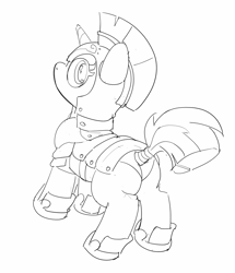 Size: 2569x2993 | Tagged: safe, artist:pabbley, pony, unicorn, black and white, butt, female, grayscale, guard armor, guardsmare, horn, lineart, looking at you, looking back, looking back at you, mare, monochrome, plot, royal guard, simple background, solo, white background