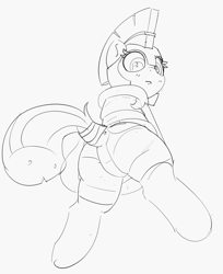 Size: 2413x2955 | Tagged: safe, artist:pabbley, earth pony, pony, black and white, butt, dock, female, grayscale, guard armor, guardsmare, looking at you, looking back, looking back at you, low angle, mare, monochrome, plot, rear view, royal guard, simple background, sketch, solo, tail, white background