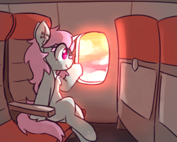 Size: 1807x1454 | Tagged: safe, artist:rivibaes, oc, oc only, oc:scoops, unicorn, earbuds, female, horn, looking out the window, mare, plane, sitting, solo, window