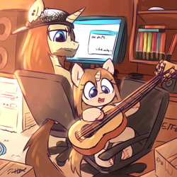 Size: 2200x2200 | Tagged: safe, artist:rivibaes, oc, oc only, pony, unicorn, baseball cap, box, cap, chair, computer, cute, facial hair, father and child, father and daughter, female, filly, foal, freckles, guitar, hat, high res, horn, male, musical instrument, stallion, weapons-grade cute