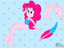 Size: 827x620 | Tagged: safe, artist:redhorney, pinkie pie, human, equestria girls, g4, barefoot, cutie mark on human, feather, feet, female, fetish, foot fetish, foot focus, solo