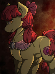 Size: 1280x1707 | Tagged: safe, artist:binibean, apple bloom, earth pony, pony, g4, abstract background, clothes, dramatic lighting, female, goldie delicious' shawl, looking at you, mare, older, older apple bloom, profile, shawl, signature, solo