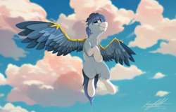 Size: 2500x1600 | Tagged: safe, alternate version, artist:aneonart, artist:angloarts1, oc, oc only, oc:soaring spirit, pegasus, pony, armor, coat markings, colored wings, facial markings, looking at you, male, markings, multicolored hair, multicolored tail, multicolored wings, pegasus oc, socks (coat markings), solo, stallion, tail, three toned wings, water, wet, wet mane, wing armor, wing brace, wings