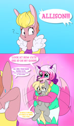 Size: 1798x3072 | Tagged: safe, artist:drfoxweyman, derpy hooves, fox, pegasus, pony, rabbit, anthro, g4, 2 panel comic, allison (slarpg), animal, clothes, comic, dialogue, holding a pony, melody (slarpg), question mark, shirt, skirt, slarpg, sparkles, sweat, sweatdrop, tail, tail wag, text, wings