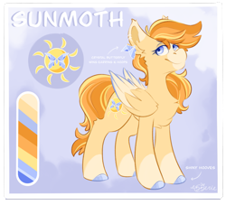 Size: 1857x1686 | Tagged: safe, artist:ezzerie, oc, oc only, oc:sunmoth, butterfly, pegasus, pony, chest fluff, concave belly, female, mare, redesign, reference sheet, solo, sun