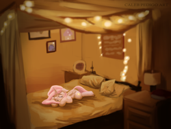 Size: 4000x3000 | Tagged: safe, artist:calebpedigo, princess celestia, pegasus, pony, g4, bed, bedroom, cewestia, eyes closed, female, filly, floppy ears, high res, lying down, mare, on bed, pink-mane celestia, prone, sleeping, solo, younger