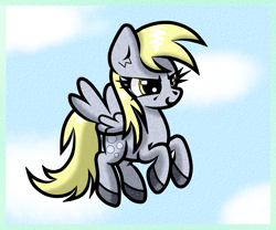 Size: 1200x1000 | Tagged: safe, artist:scandianon, derpy hooves, pegasus, pony, g4, determined, determined look, female, flying, looking at something, mare, passepartout, raised hoof, sky, smiling, solo, spread wings, wings