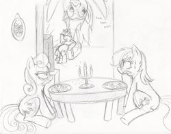 Size: 900x710 | Tagged: safe, artist:enigmaticfrustration, bon bon, derpy hooves, lyra heartstrings, roseluck, sweetie drops, earth pony, pegasus, pony, unicorn, g4, bon bon is not amused, candle, dinner, horn, monochrome, sitting, sketch, television, traditional art, unamused