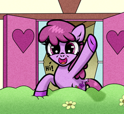 Size: 1300x1200 | Tagged: safe, artist:scandianon, berry punch, berryshine, earth pony, g4, bush, curtains, female, flower, house, looking at you, mare, open mouth, open smile, outdoors, smiling, smiling at you, solo, talking to viewer, waving, window