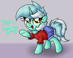 Size: 2851x2274 | Tagged: safe, artist:background basset, lyra heartstrings, pony, unicorn, g4, clothes, cute, dialogue, female, gradient background, horn, looking at you, lyrabetes, mare, open mouth, shirt, shorts, simple background, solo, t-shirt, talking to viewer, text, waving, waving at you