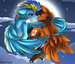 Size: 2451x2100 | Tagged: safe, alternate character, alternate version, artist:yuris, oc, oc only, oc:dasher, oc:slipstream, pegasus, pony, blushing, clothes, duo, duo female, ears back, ears up, female, flying, full moon, glasses, imminent kissing, lesbian, moon, night, shipping, sky