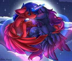 Size: 2451x2080 | Tagged: safe, alternate character, alternate version, artist:yuris, oc, oc only, oc:royal blues, alicorn, pegasus, pony, blushing, clothes, duo, duo male, ears back, ears up, flying, full moon, gay, imminent kissing, male, moon, night, shipping, sky