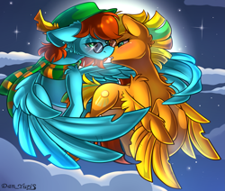 Size: 2451x2080 | Tagged: safe, alternate character, alternate version, artist:yuris, oc, oc only, oc:san valentine, pegasus, pony, blushing, clothes, duo, duo male and female, ears back, ears up, female, flying, full moon, glasses, imminent kissing, male, moon, night, scarf, shipping, sky, straight