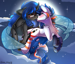 Size: 2451x2080 | Tagged: safe, alternate character, alternate version, artist:yuris, oc, oc only, oc:sweet scribe, changeling, pony, blushing, changeling oc, clothes, duo, duo female, ears back, ears up, female, flying, full moon, glasses, imminent kissing, lesbian, moon, night, shipping, sky