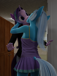 Size: 1080x1440 | Tagged: safe, artist:stellarator, starlight glimmer, trixie, anthro, unguligrade anthro, comic:we will be adored, comic:we will be adored part 60, g4, 3d, blender, blender cycles, cycles render, female, kissing, lesbian, not sfm, rv, ship:startrix, shipping, surprise kiss, surprised