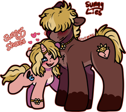 Size: 1960x1736 | Tagged: safe, artist:sexygoatgod, oc, oc only, oc:sunny lies, oc:sunny shores, unicorn, age difference, bracelet, brother and sister, female, hidden horn, horn, horn ring, jewelry, male, mare, necklace, ring, siblings, silly, simple background, stallion, transparent background