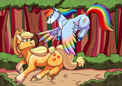 Size: 1063x752 | Tagged: safe, artist:timelapse11, applejack, rainbow dash, earth pony, pegasus, pony, g4, coat markings, colored hooves, colored wings, dappled, duo, female, flying, forest, lesbian, looking at each other, looking at someone, mare, multicolored wings, nature, rainbow wings, redesign, running, ship:appledash, shipping, smiling, tree, unshorn fetlocks, wings
