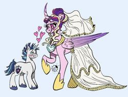 Size: 864x652 | Tagged: safe, artist:doodlebugge, princess cadance, shining armor, alicorn, pony, unicorn, g4, bride, colored wings, concave belly, curved horn, folded wings, gradient horn, gradient wings, groom, hoof shoes, horn, jewelry, large wings, looking at each other, looking at someone, meme, necklace, princess shoes, royal wedding, slender, tall, the bride and the ugly ass groom, thin, wings