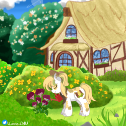 Size: 3072x3072 | Tagged: safe, artist:juniverse, oc, oc only, oc:maize goldenrod, earth pony, pony, bush, calm, eyes closed, flower, garden, gardening, grass, house, relaxed, scenery, sky, solo, tending, tree, velvet flowers, watering can