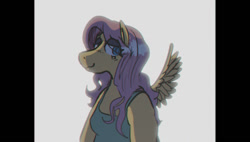 Size: 1500x850 | Tagged: safe, artist:punkittdev, fluttershy, pegasus, anthro, g4, :3, backlighting, blushing, border, chubby, clothes, eye clipping through hair, eyebrows, eyebrows visible through hair, eyeshadow, female, film grain, grainy, lidded eyes, long mane, looking at you, looking away, looking back, makeup, mare, pillarboxing, pink mane, shiny mane, smiling, smiling at you, solo, spread wings, tank top, teal eyes, wavy mane, wings, yellow coat