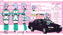 Size: 1934x1086 | Tagged: safe, artist:chiefywiffy, oc, oc:chiefy, unicorn, anthro, anthro oc, car, ear piercing, female, horn, piercing, racing suit, reference sheet, solo