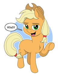 Size: 627x816 | Tagged: safe, artist:doodledonutart, applejack, earth pony, pony, g4, circle background, female, howdy, lidded eyes, looking at you, mare, missing cutie mark, open mouth, open smile, raised hoof, simple background, smiling, smiling at you, solo, white background