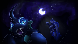 Size: 3840x2160 | Tagged: safe, artist:gosha305, nightmare moon, princess luna, alicorn, angler fish, fish, pony, seapony (g4), g4, angler seapony, bioluminescent, blue mane, blue tail, bubble, cheek fluff, curved horn, digital art, duo, ear fluff, ethereal mane, ethereal tail, fangs, female, fins, fish tail, floppy ears, flowing mane, flowing tail, full body, glowing, glowing eyes, high res, horn, looking at each other, looking at someone, lure, mare, moon, moonlight, ocean, open mouth, open smile, scales, seafloor, seaponified, seapony luna, slit pupils, smiling, species swap, spread wings, starry mane, stars, swimming, tail, teeth, underwater, water, wings
