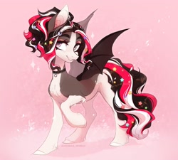 Size: 3500x3150 | Tagged: safe, artist:avroras_world, oc, oc only, bat pony, pony, bat pony oc, choker, coat markings, countershading, facial markings, female, grin, mare, pink background, simple background, smiling, solo, sparkles, spread wings, turned head, wings